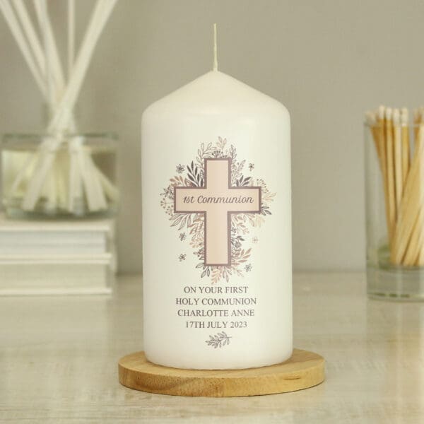 Personalised Floral Cross Pillar Candle