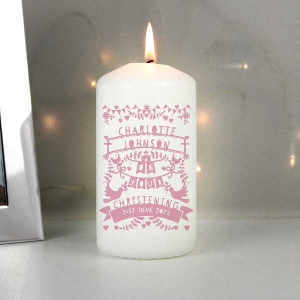 Personalised Pink Papercut Style Pillar Candle