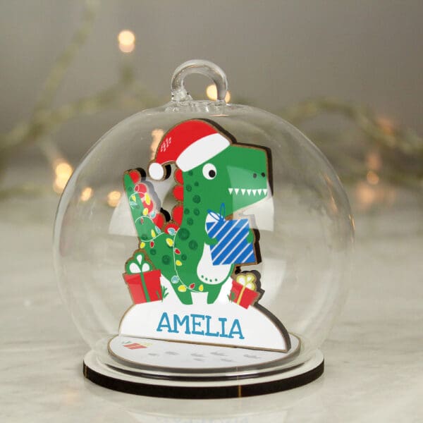 Personalised Wooden Dinosaur Glass Bauble