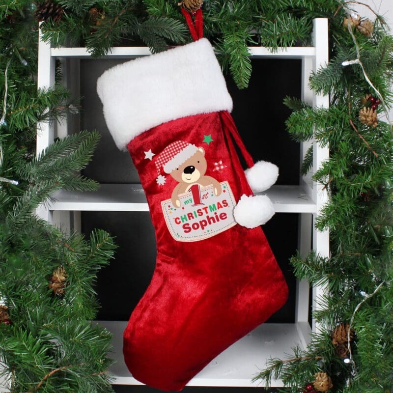 Personalised Pocket Teddy My 1st Christmas Luxury Red Stocking