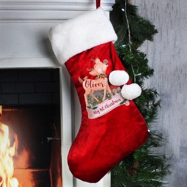 Personalised Festive Fawn Luxury Red Stocking