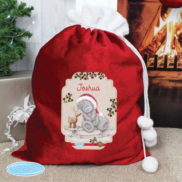 Personalised Me to You Reindeer Luxury Pom Pom Red Sack