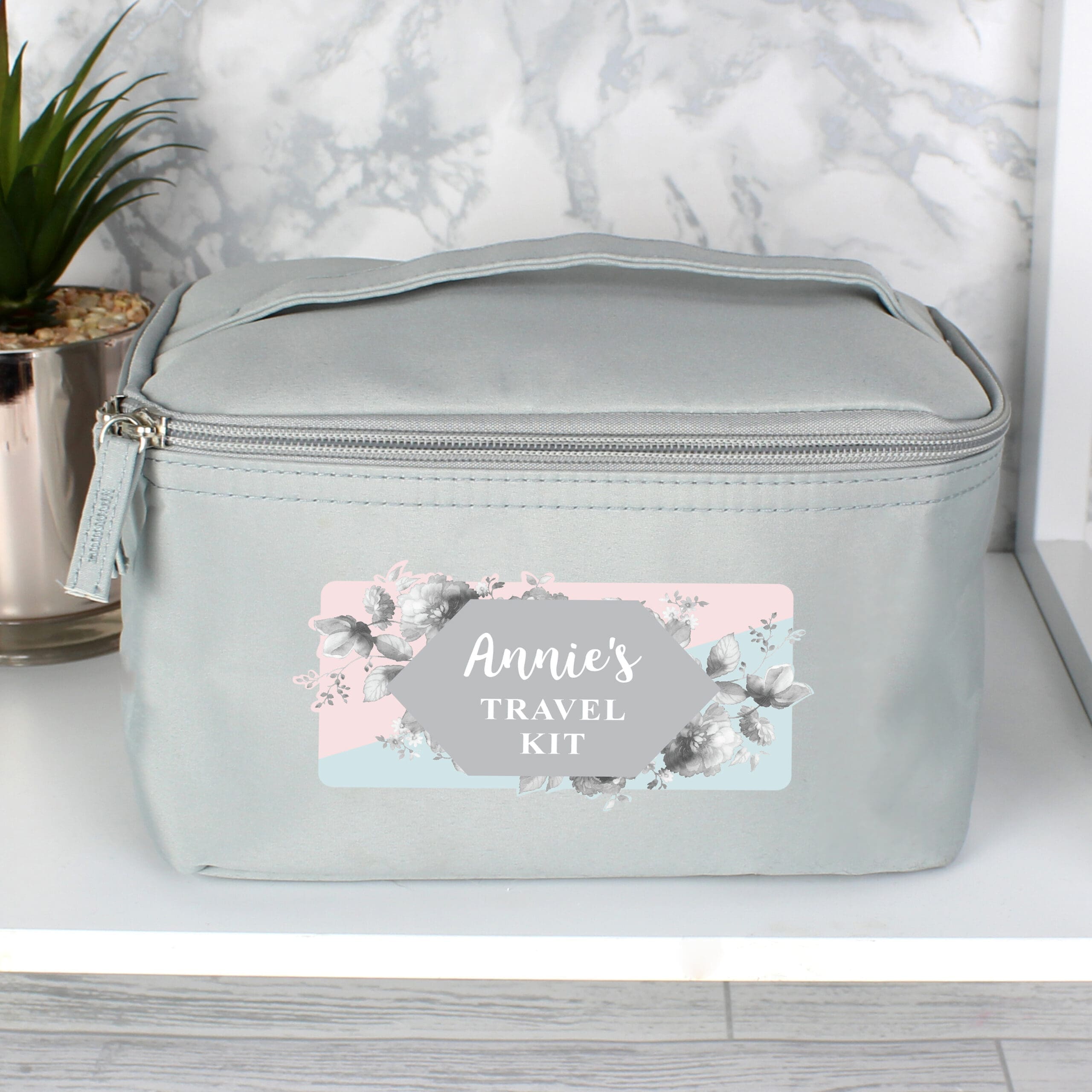 Personalised Floral Grey Toiletry Bag