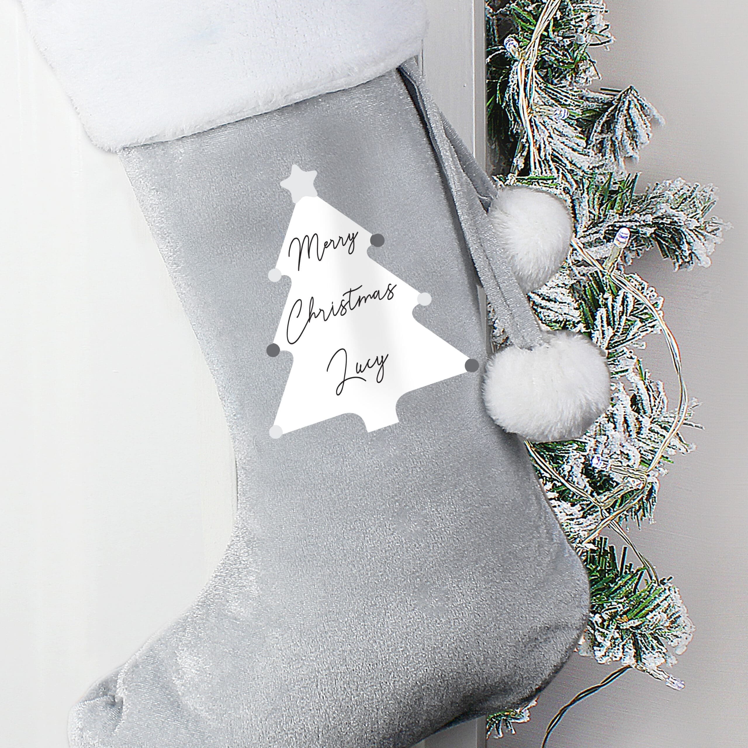 Personalised Christmas Tree Luxury Silver Grey Stocking 3 Personalised Christmas Tree Luxury Silver Grey Stocking