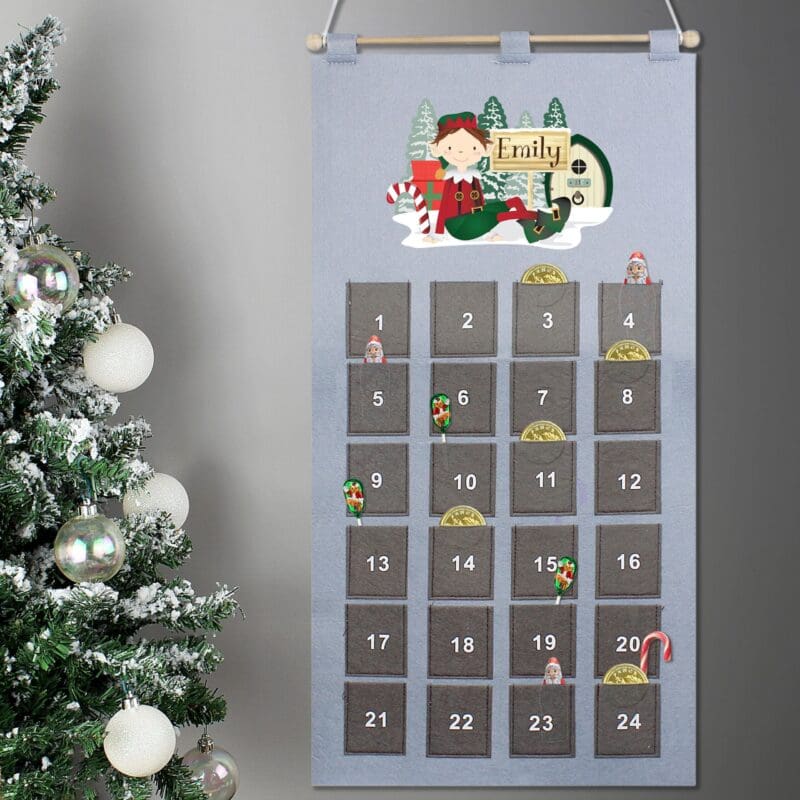 Personalised Elf Advent Calendar In Silver Grey