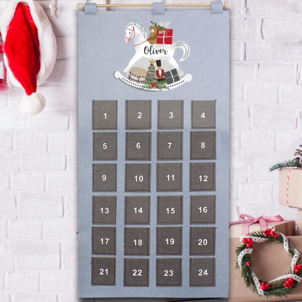 Personalised Rocking Horse Advent Calendar In Silver Grey