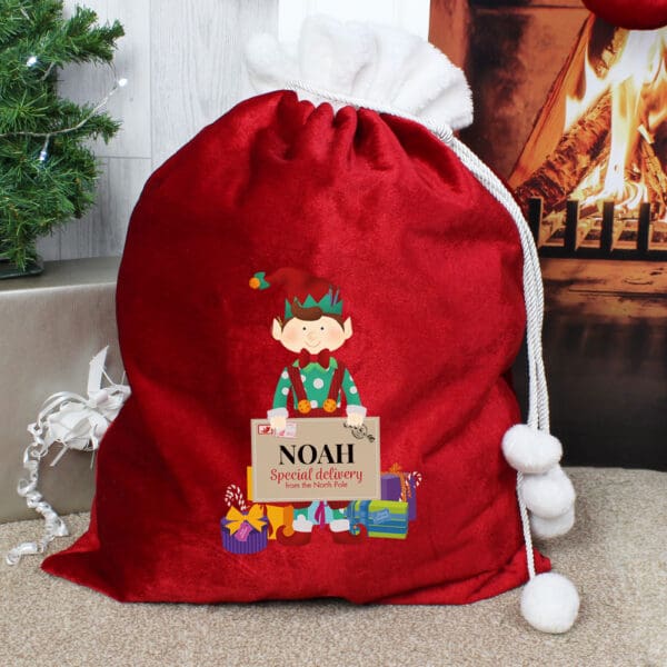 Personalised Christmas Elf Luxury Pom Pom Red Sack