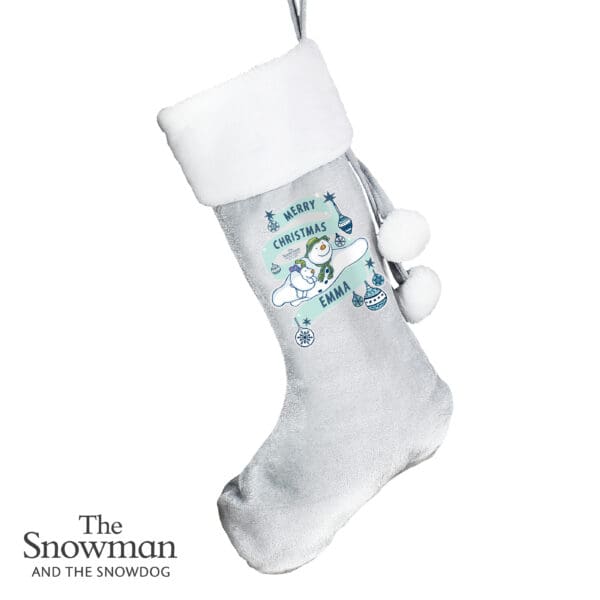 Personalised The Snowman and the Snowdog Luxury Silver Grey Stocking