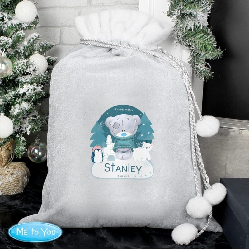 Christmas Magic with Santa Sacks: The Perfect Gift Presentation Solution 3 Personalised Winter Explorer Tiny Tatty Teddy Luxury Silver Grey Pom Pom Sack