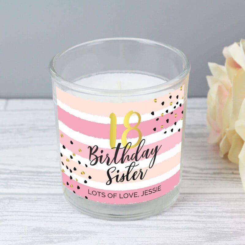 Personalised Birthday Gold and Pink Stripe Scented Jar Candle