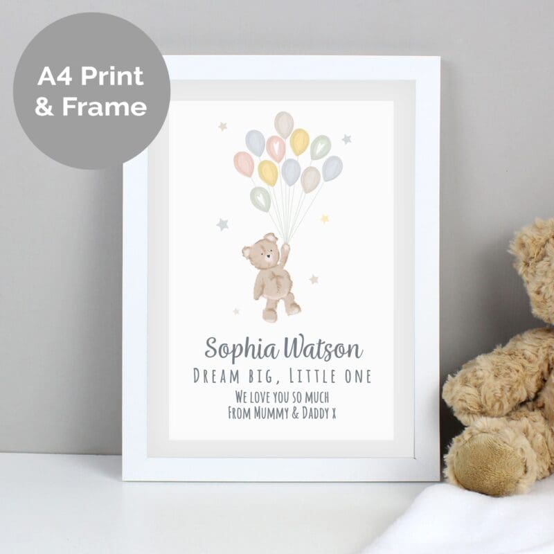 Personalised Teddy & Balloons A4 White Framed Print