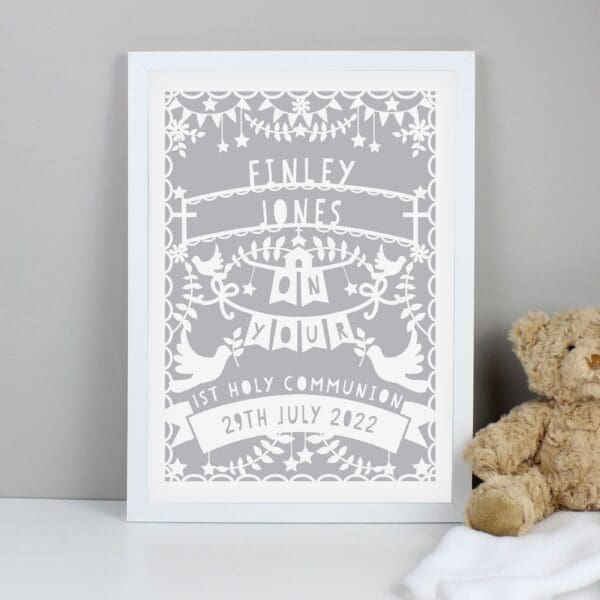 Personalised Grey Papercut Style A3 White Framed Print
