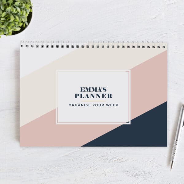Thoughtful Gifts for Starting College 7 Personalised Free Text Navy & Blush A4 Desk Planner