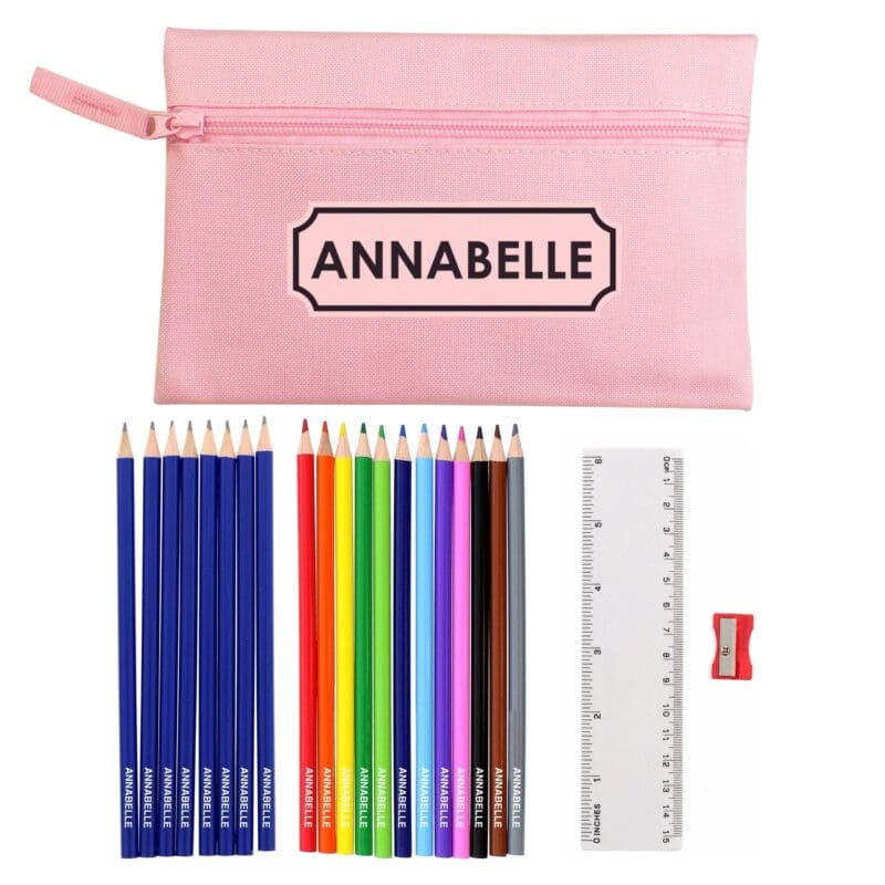 Pink Pencil Case with Personalised Pencils & Crayons