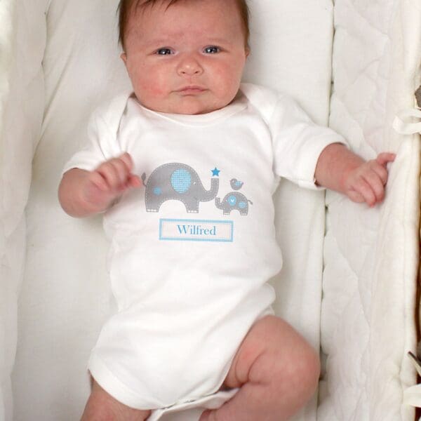 Personalised Blue Elephant 0-3 Months Baby Vest