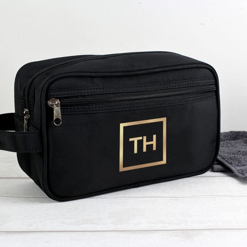 Personalised Gold Initials Black Toiletry Bag