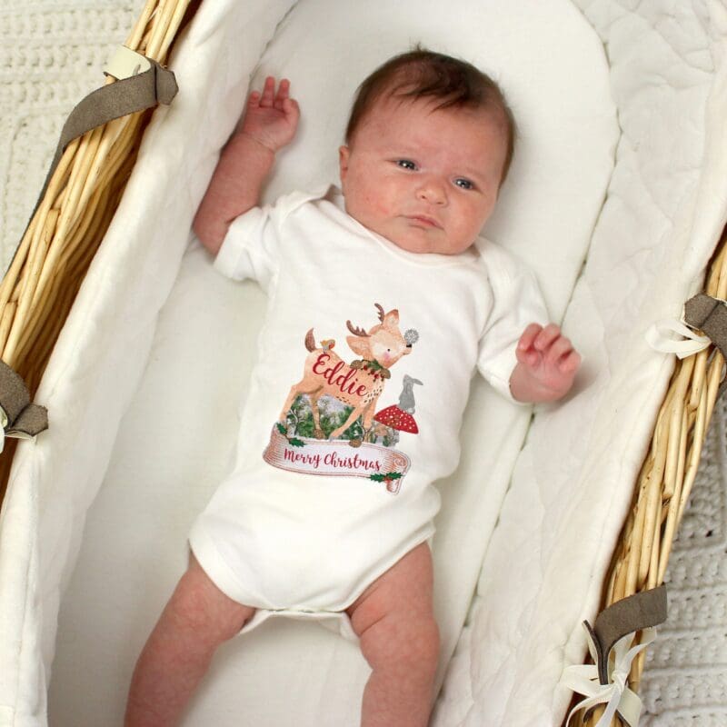 Personalised Festive Fawn 0-3 Months Baby Vest