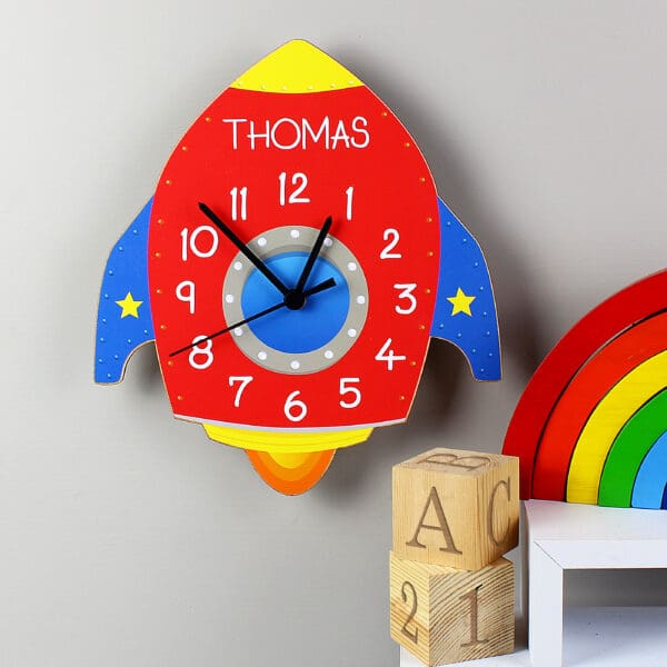 Personalised Space Rocket Shape Wooden Clock