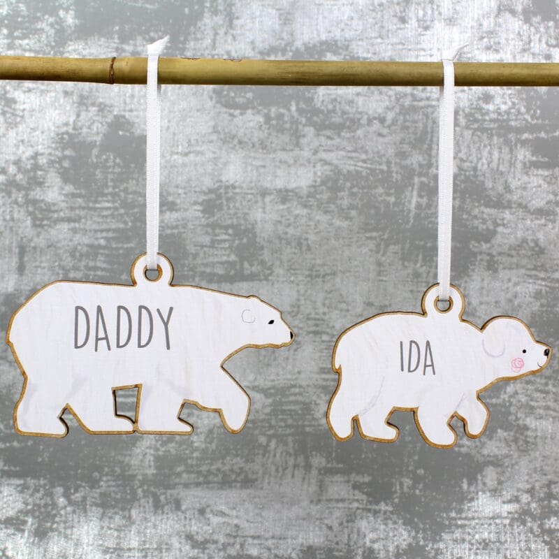 Personalised Set of Four Polar Bear Family Wooden Hanging Decorations