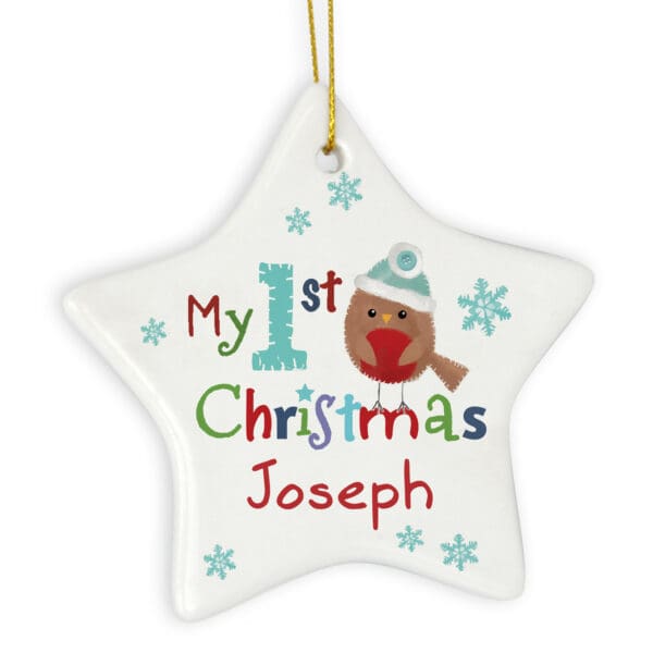 Personalised Felt Stitch Robin 'My 1st Christmas' Ceramic Star Decoration