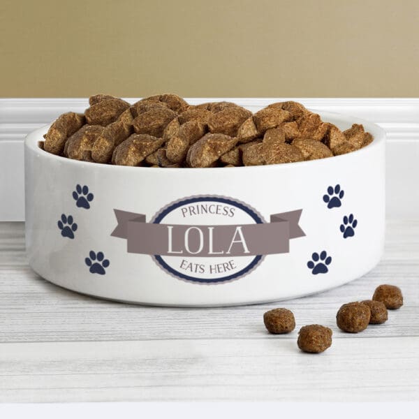 Personalised Blue Paws 14cm Medium White Pet Bowl 16 Personalised Blue Paws 14cm Medium White Pet Bowl