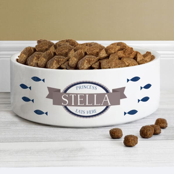 Personalised Blue Fish 14cm Medium White Pet Bowl 15 Personalised Blue Fish 14cm Medium White Pet Bowl