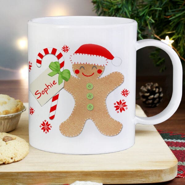 Personalised Felt Stitch Gingerbread Man Plastic Mug