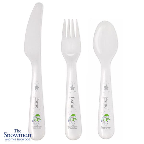 Personalised The Snowman and the Snowdog 3 Piece Plastic Cutlery Set