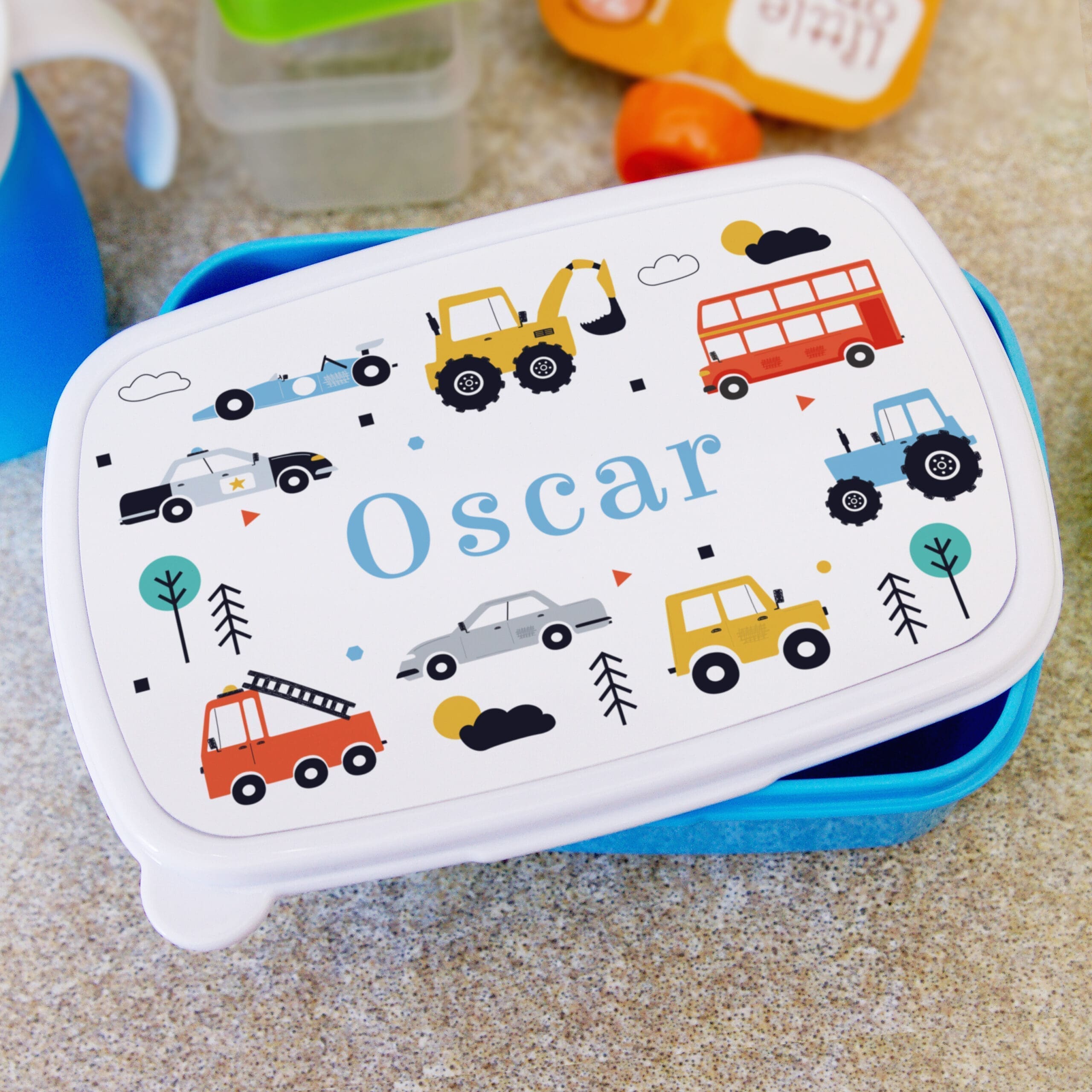 Personalised Vehicles Name Only Blue Lunch Box 6 Personalised Vehicles Name Only Blue Lunch Box