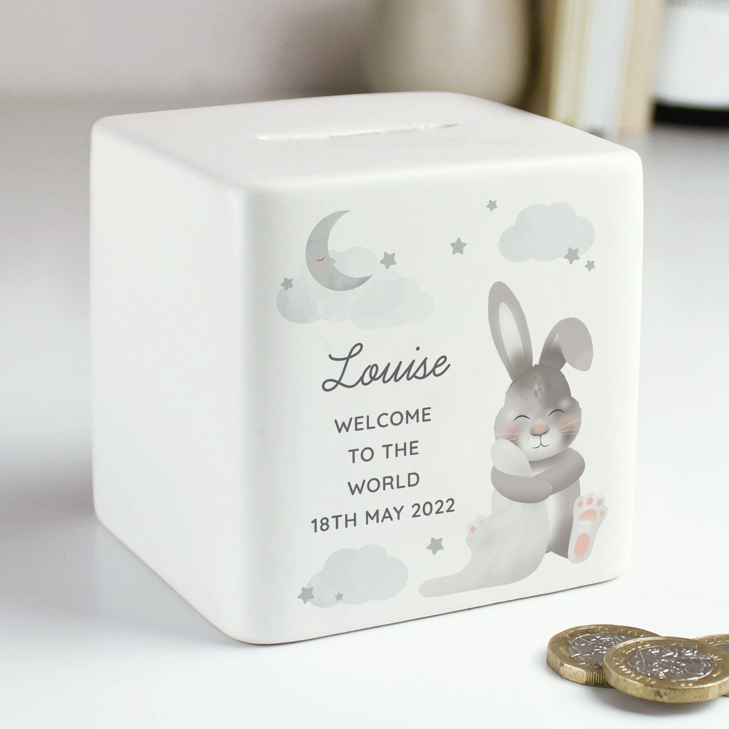 Personalised Baby Bunny Ceramic Square Money Box