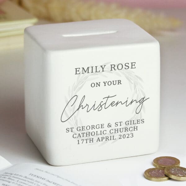 Personalised Christening Ceramic Square Money Box