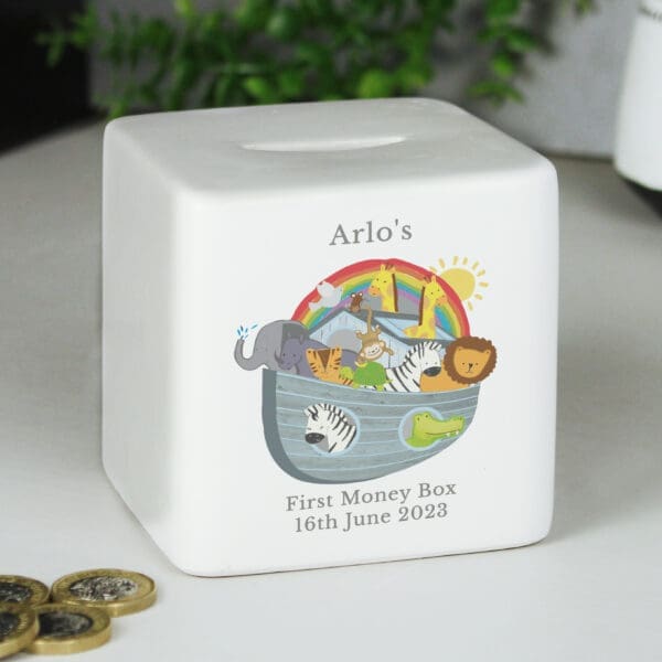 Personalised Noahs Ark Ceramic Square Money Box