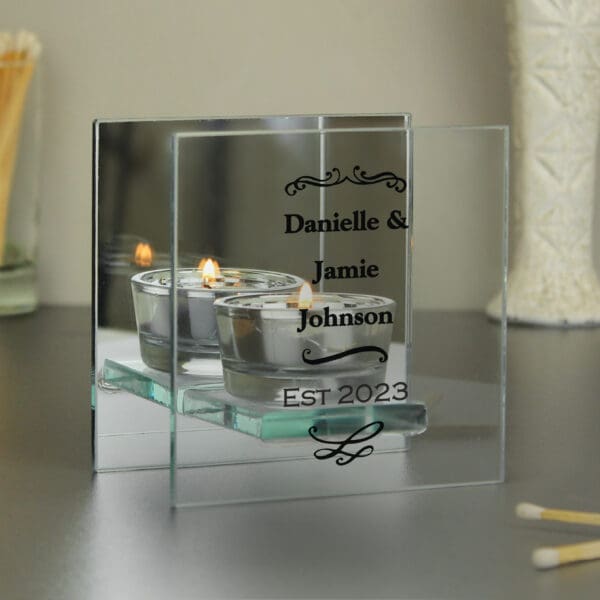 Personalised Antique Scroll Mirrored Glass Tea Light Candle Holder
