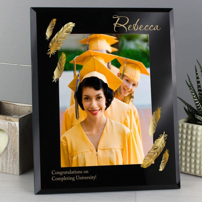 Personalised Golden Feather 5x7 Black Glass Photo Frame
