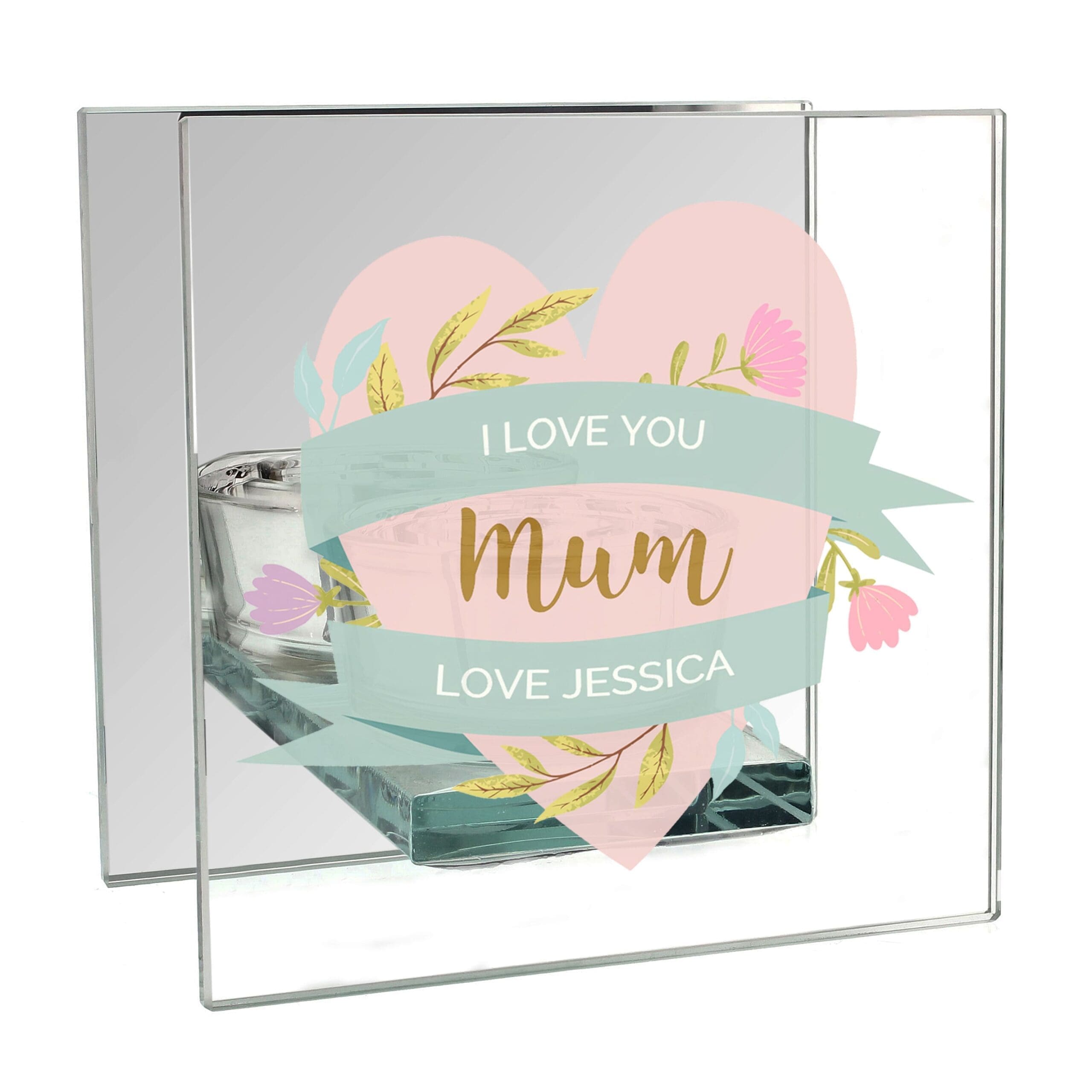Personalised Floral Heart Mothers Day Mirrored Glass Tea Light Holder