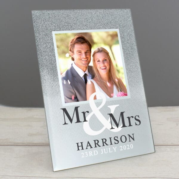 Personalised Mr & Mrs 4x4 Glitter Glass Photo Frame