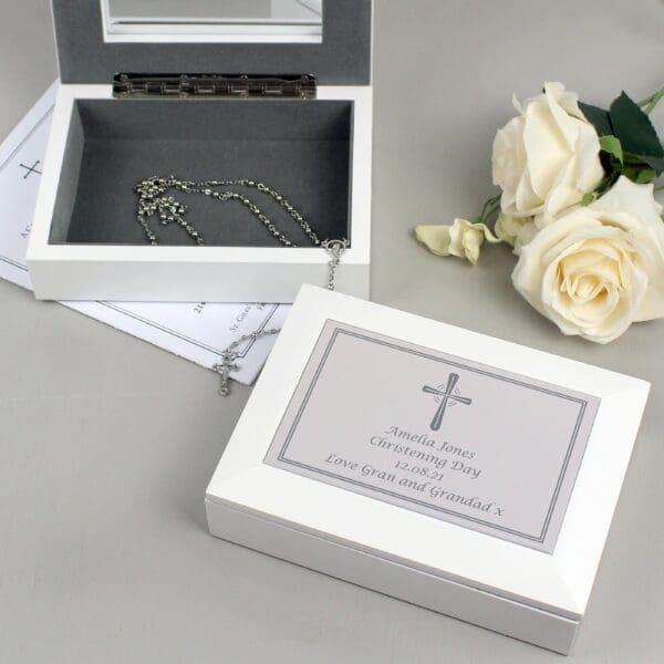 Personalised Silver Cross White Wooden Keepsake Box