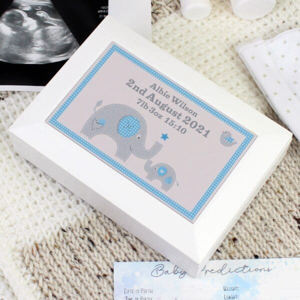 Personalised Blue Baby Elephant White Wooden Keepsake Box