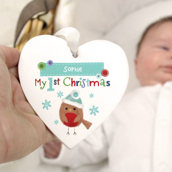 Personalised Felt Stitch Robin 'My 1st Christmas' Wooden Heart Decoration