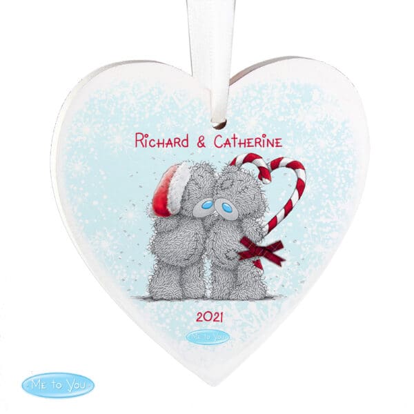 Personalised Me To You Couple Christmas Wooden Heart Decoration