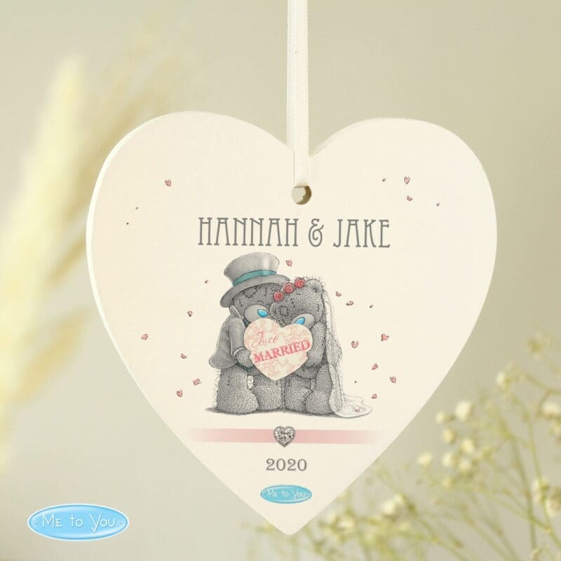 Personalised Me To You Wedding Couple Wooden Heart Decoration
