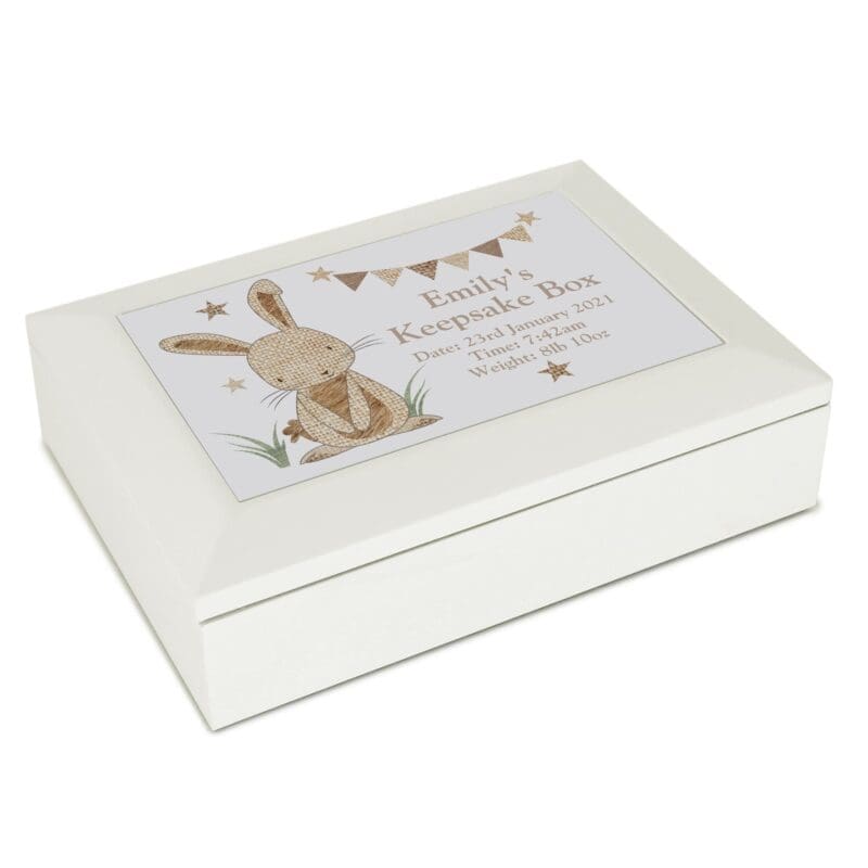 Personalised Hessian Rabbit Wooden Jewellery Box