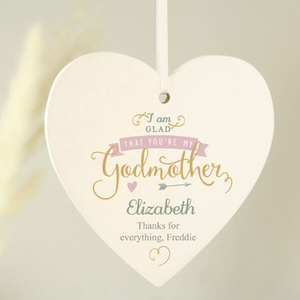 Personalised I Am Glad... Godmother Wooden Heart Decoration