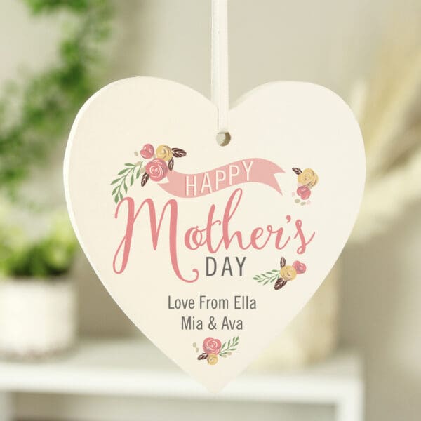 Personalised Floral Bouquet Mother's Day Wooden Heart Decoration