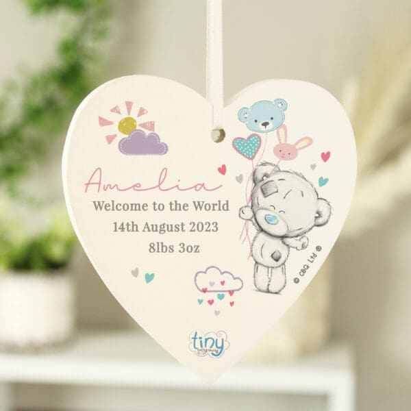Personalised Tiny Tatty Teddy Pink Wooden Heart Decoration