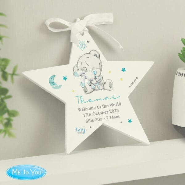 Personalised Tiny Tatty Teddy Blue Wooden Star Decoration