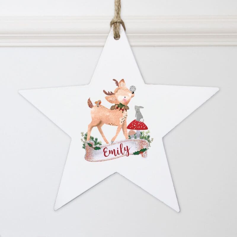Personalised Festive Fawn Wooden Star Decoration