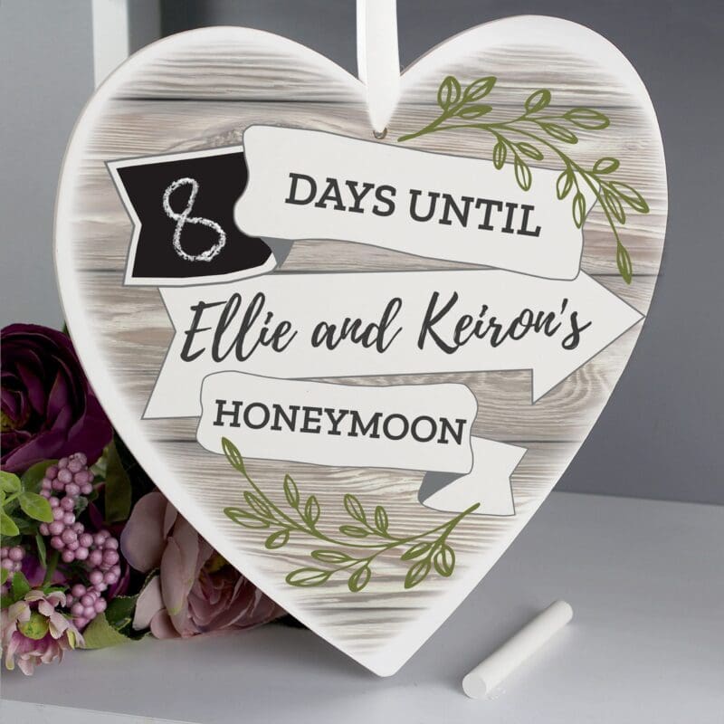Personalised White Arrow Banner Chalk Countdown Wooden Heart Decoration