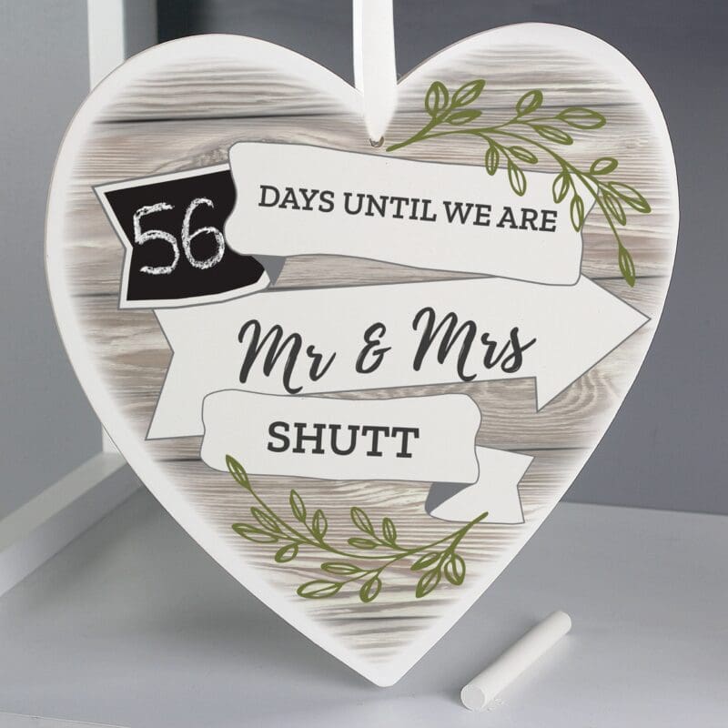 Personalised White Arrow Banner Chalk Countdown Wooden Heart Decoration