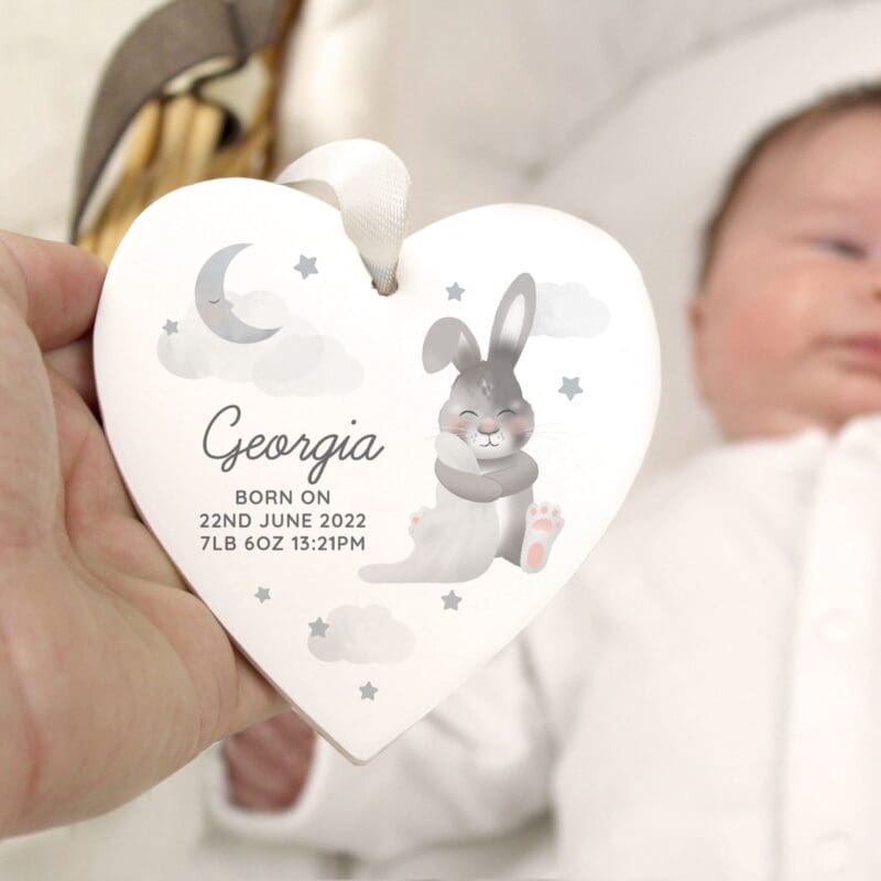 Personalised Baby Bunny Wooden Heart Decoration